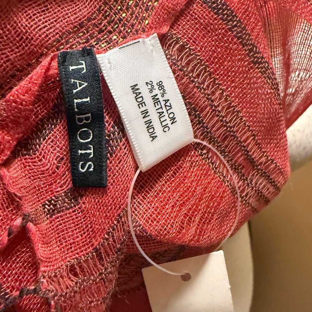Talbots Red pink Metallic Scarf wrap fringed azlon made in India NWT - Picture 4 of 10